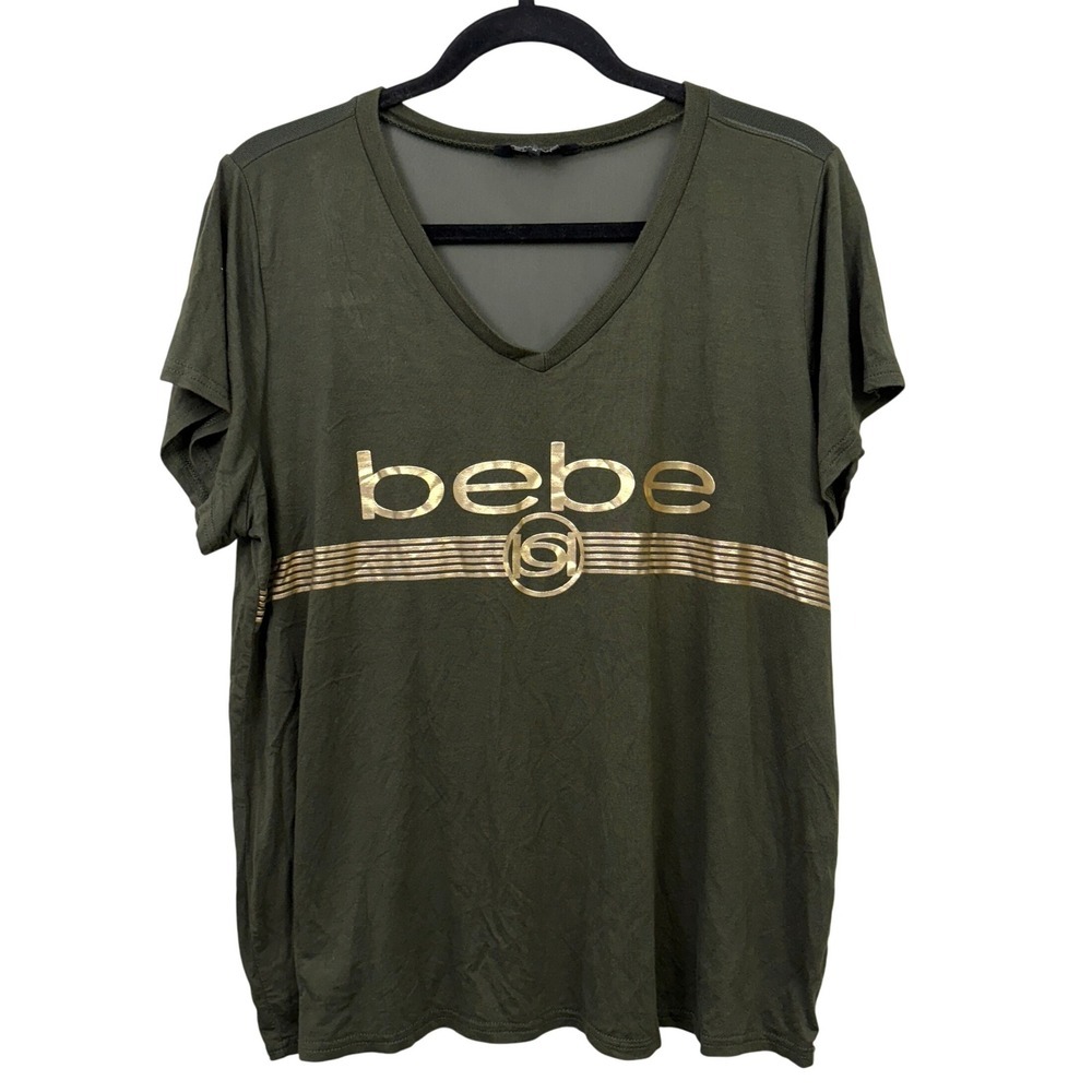 Bebe Sport Women T-Shirt Top V-Neck Mesh Back Graphic Gold Logo Olive Size 1X*